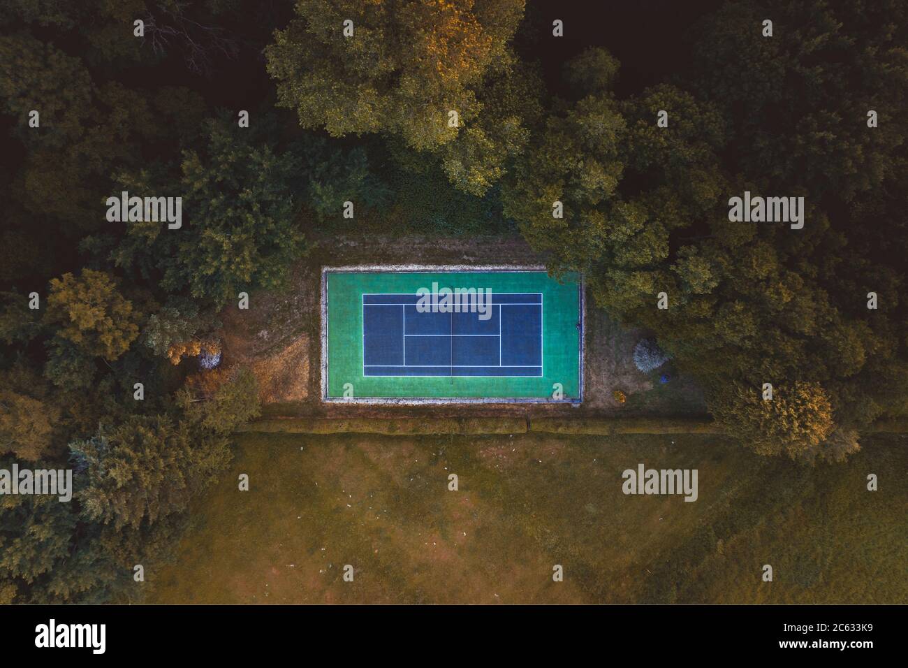 Luftdrohne Blick auf den Tennisplatz versteckt hinter einer Baumgrenze während eines Sommeruntergangs in den Hügeln von Surrey, England, Großbritannien Stockfoto