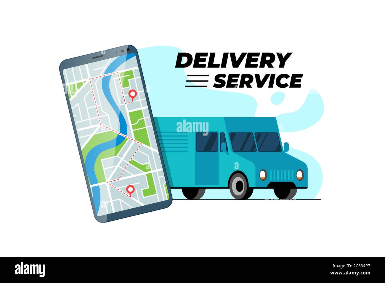 Smartphone mit Lieferung LKW Transfer Route und Geotag gps-Position Pin auf Stadtplan. Online logistischer Bestellservice Mobile App Konzept. LKW-Expressfrachttransport Positionierkonzept Stock Vektor