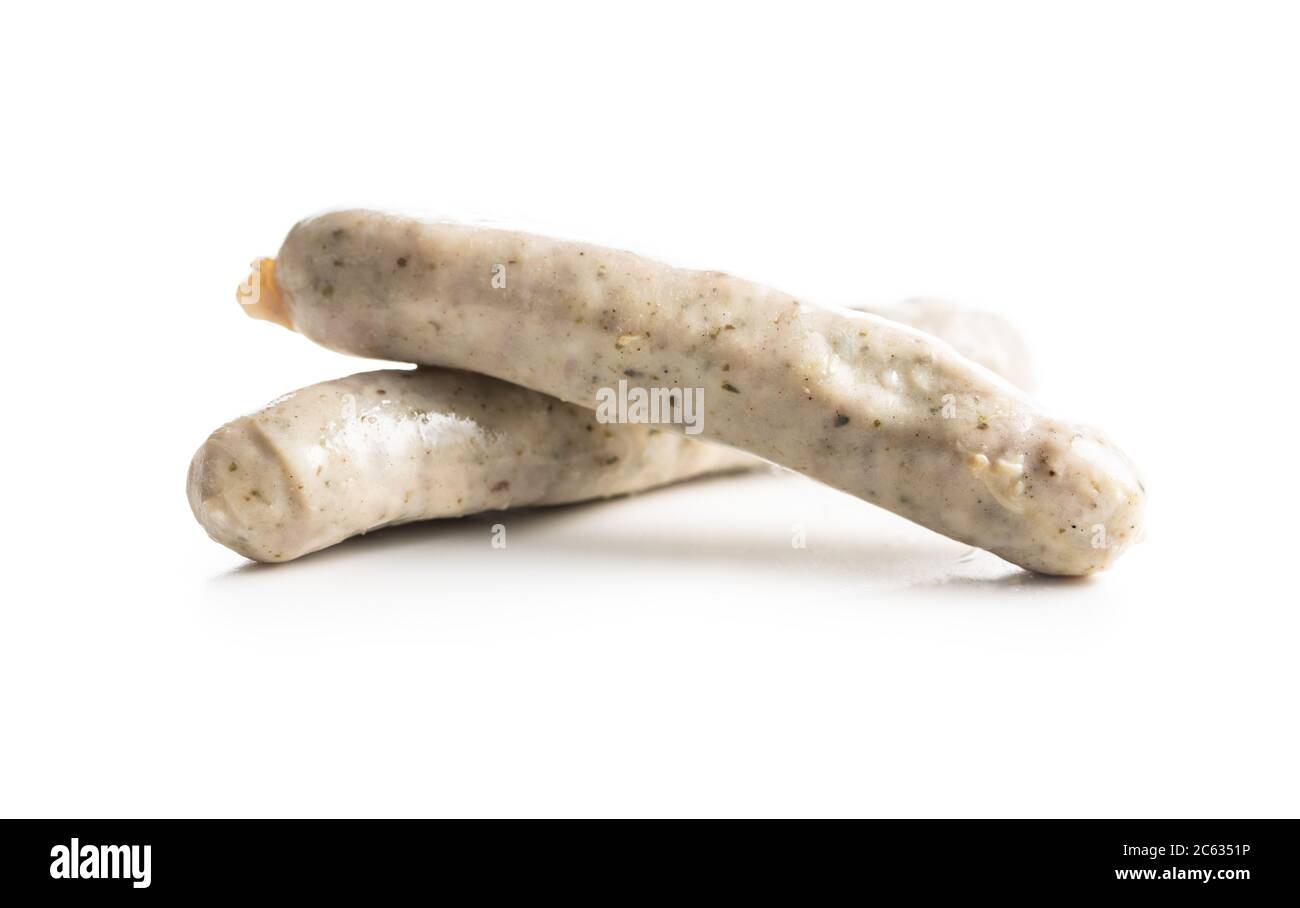 Weißwurst. Mini Weisswurst isoliert auf weißem Hintergrund. Stockfoto