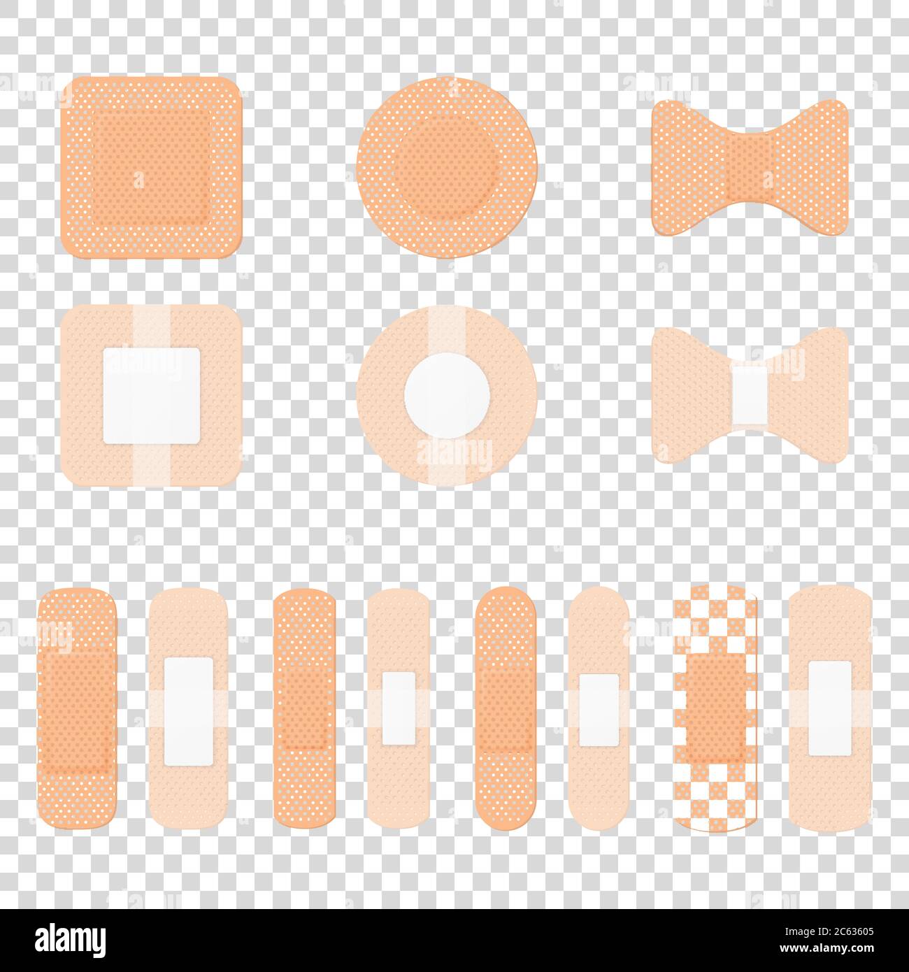 Vektor 3d realistische medizinische Patch-Symbol Set Nahaufnahme isoliert auf transparentem Hintergrund. Design Template Klebebandage Elastische Medizinische Pflaster Stock Vektor