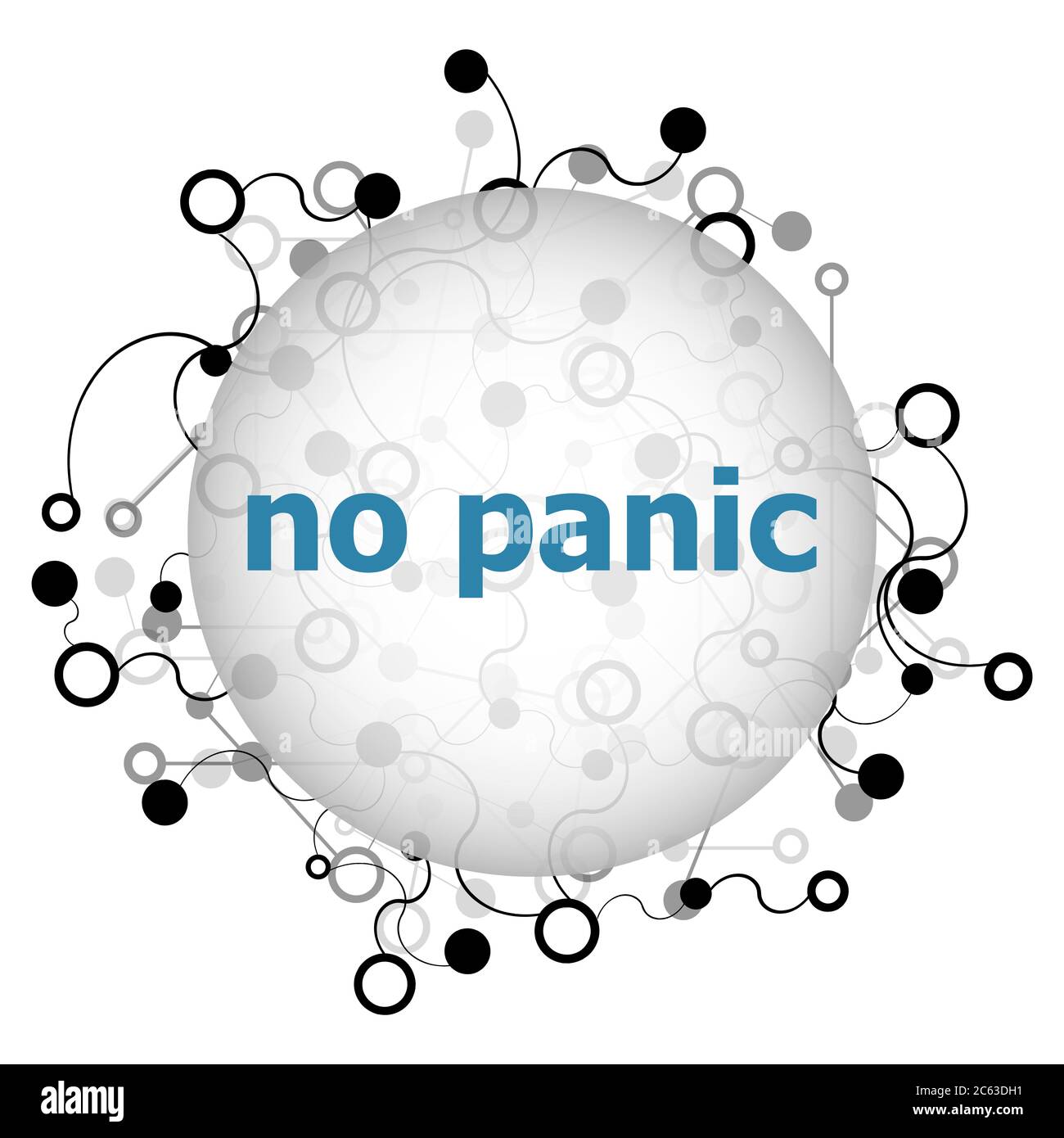 Text Keine Panik. Sozialkonzept . Abstrakter geometrischer Hintergrund mit Linien, Kreisen und Punkten Stockfoto