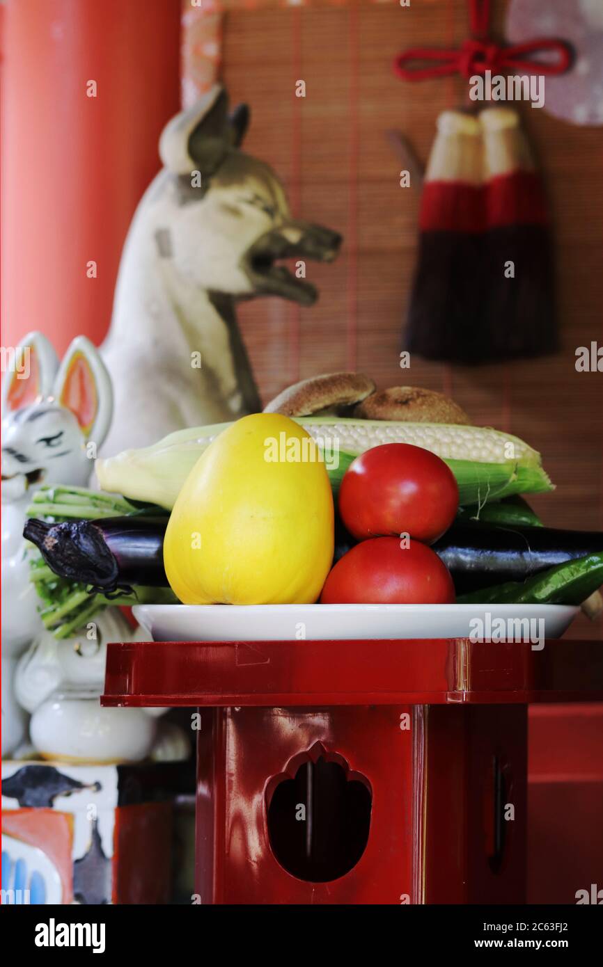 Opfergaben an die Fuchsgottheit (Inari) in einem japanischen Shinto-Schrein Stockfoto