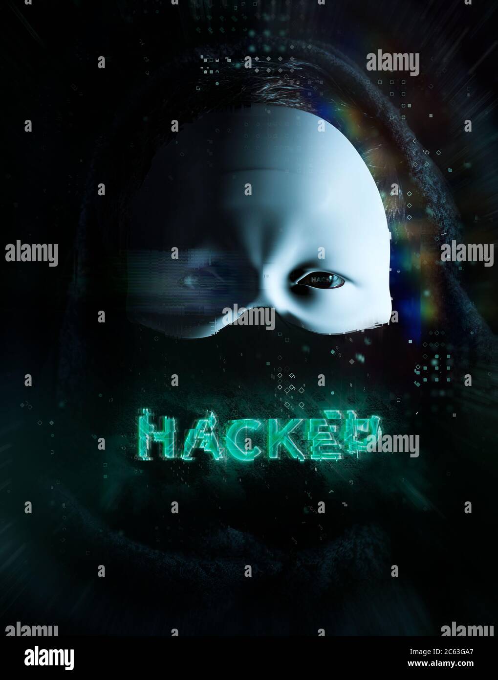 Cybersecurity, Computer-Hacker mit Hoodie und verdunkelte Gesicht, futuristische Computer-Code über Bild. Gehackter Titel. Stockfoto
