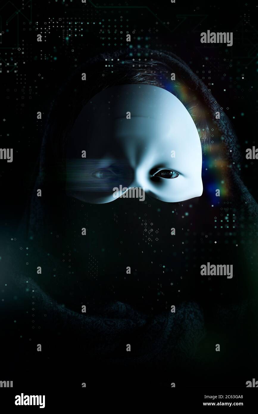 Cybersecurity, Computer-Hacker mit Hoodie und verdunkelte Gesicht, futuristische Computer-Code über Bild Stockfoto