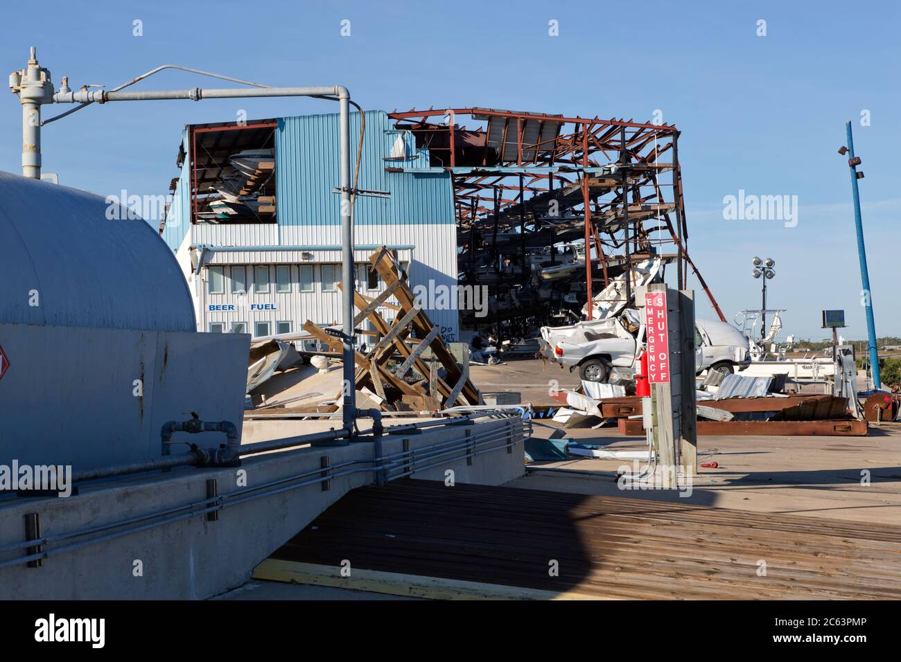 Hurrikan 'Harvey' 2017 Zerstörung von Cove Harbor Marina & Dry Stack, Lagerung, Lagerung & Treibstoffanlagen, Texas. Stockfoto