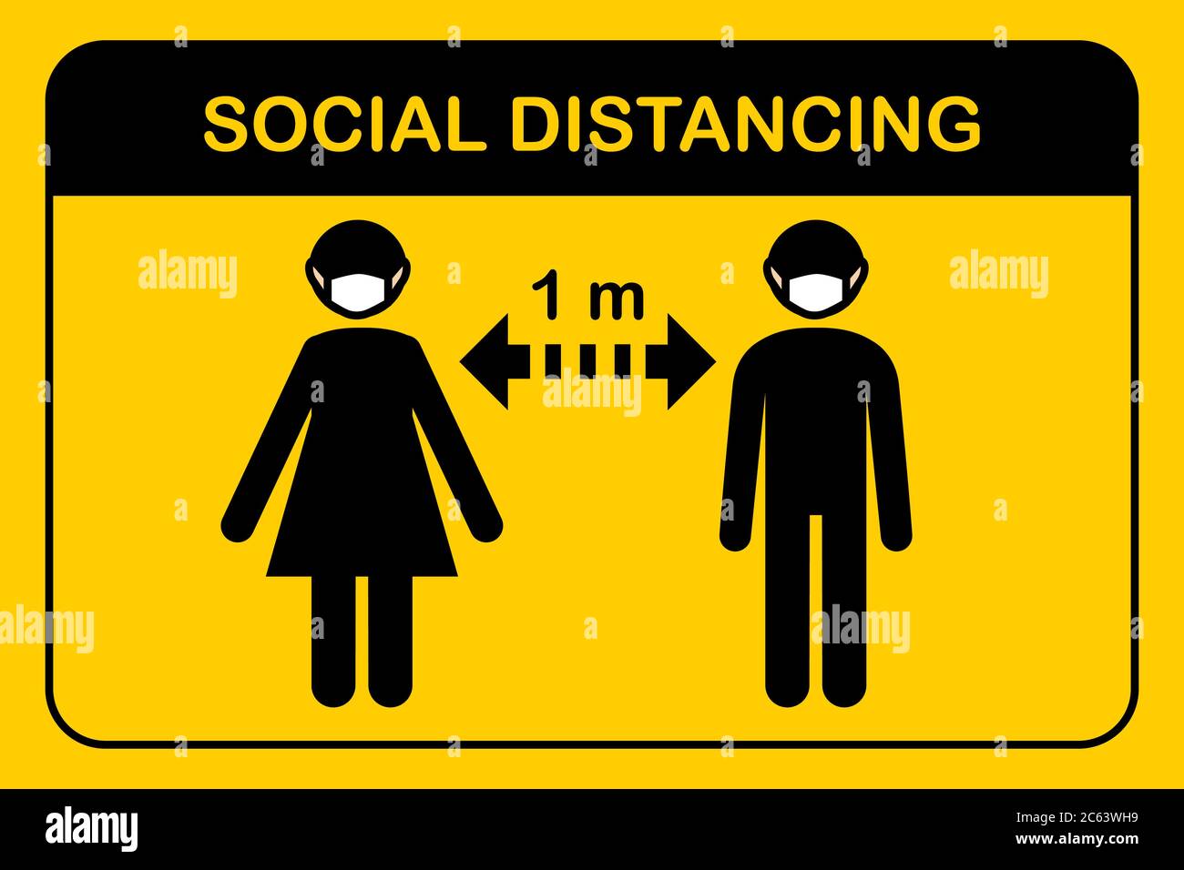 Icon neue normale und soziale Distanzierung.Menschen stehen halten sichere Entfernung 1-2 Meter.Mann und Frau tragen eine schützende medizinische Maske zur Vorbeugung Korona Stock Vektor