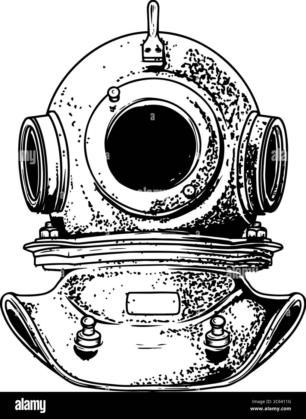 Vintage Taucher Helm in Gravur-Stil isoliert auf weißem Hintergrund. Gestaltungselement für Logo, Etikett, Schild, Plakat. Vektor-Illustration, Vintage Taucher Stock Vektor