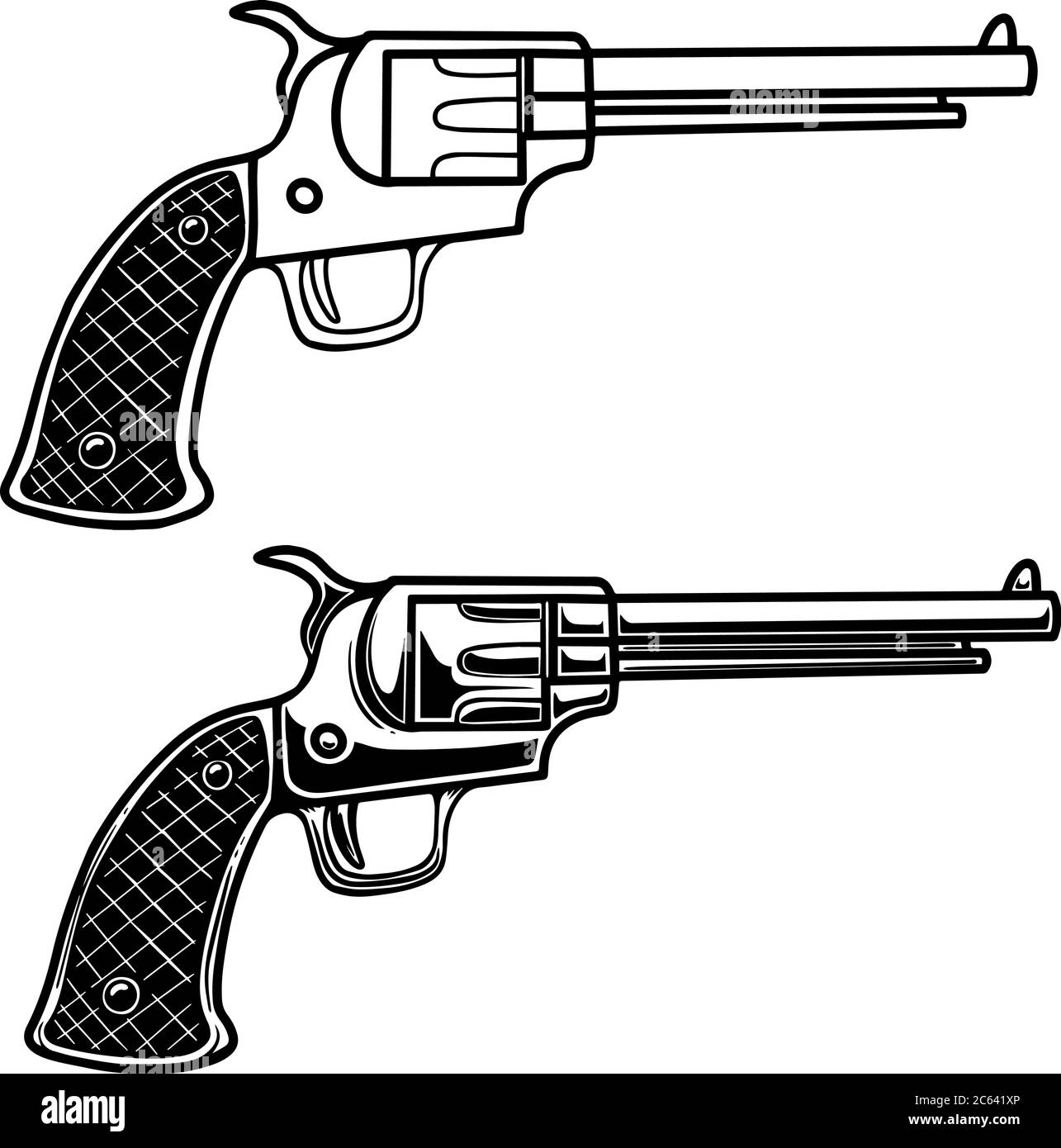 Illustration von Cowboy Revolver in Gravur Stil. Design-Element für Logo, Etikett, Emblem, Schild, Abzeichen. Vektorgrafik Stock Vektor