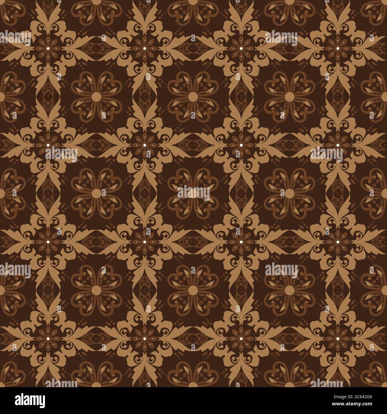 Schöne Blumenmotive auf Kawung Batik Design mit dunkelbrauner Farbe Stock Vektor