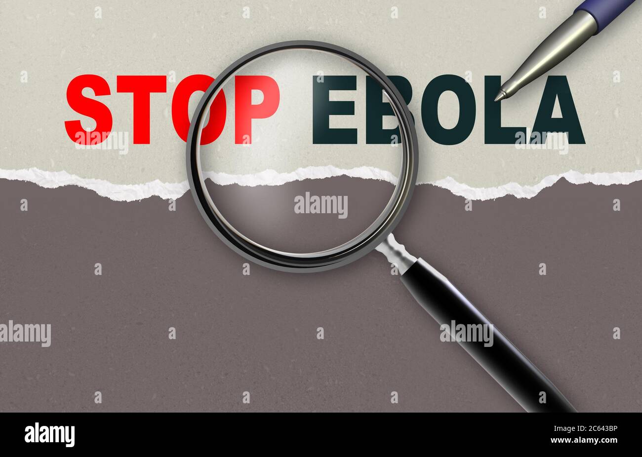 Word-STOP EBOLA und Lupe mit Bleistift gemacht in 2d software Stockfoto