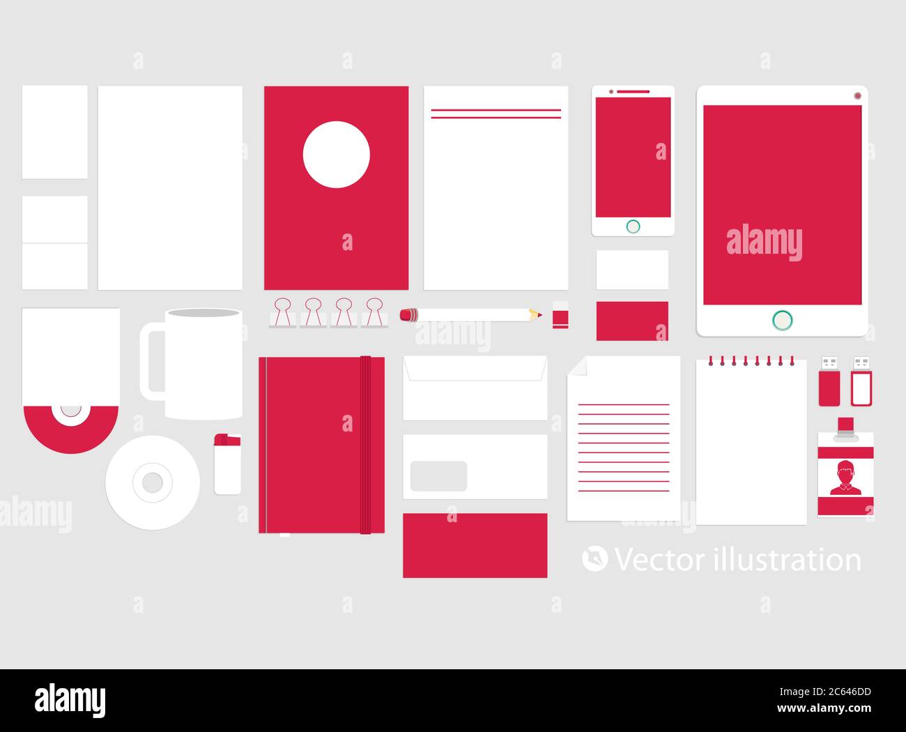 Vector Set in modernem flachem Design von Corporate Style Branding Design mit einer Vielzahl von leeren Büroobjekten für Ihre Präsentation. Isoliert auf Licht gr Stock Vektor