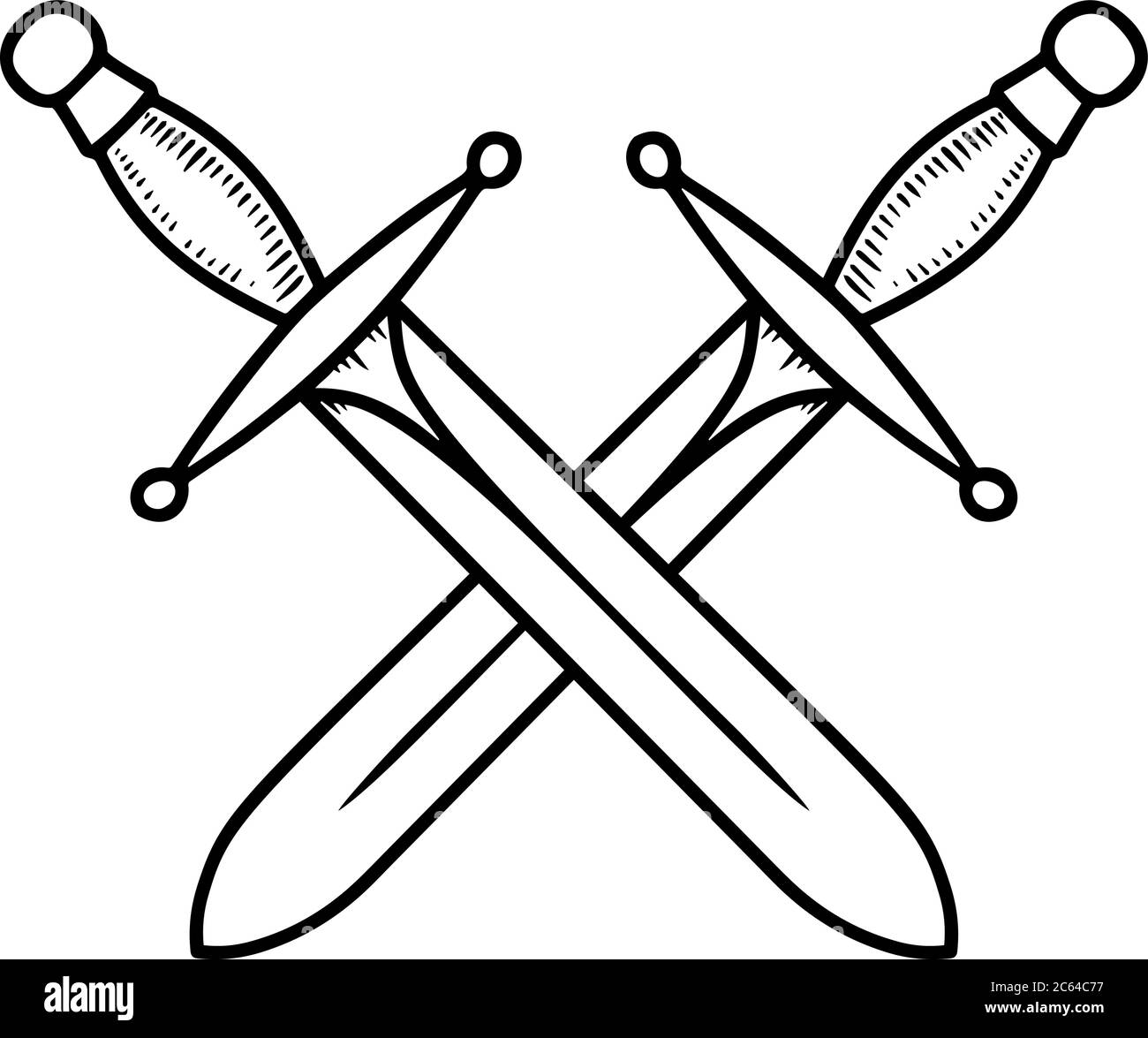 Vintage-Illustration von gekreuzten Schwertern in Gravur-Stil. Designelement für Logo, Etikett, Emblem, Schild. Vektorgrafik Stock Vektor