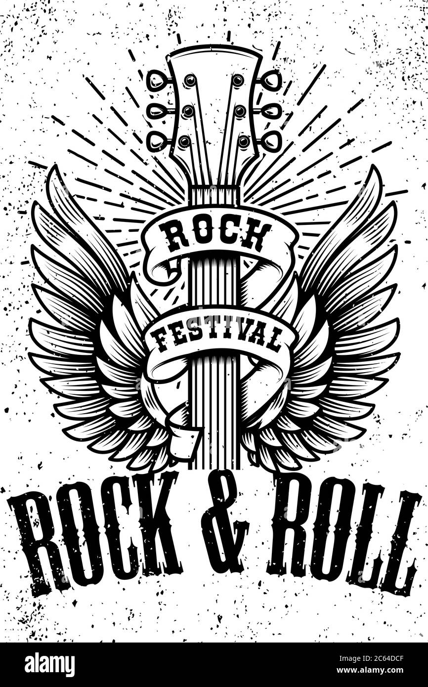 Rock and Roll Poster Vorlage. Geflügelte Gitarre auf Grunge Hintergrund. Design-Element für Logo, Emblem, Karte, Banner, T-Shirt. Vektorgrafik Stock Vektor