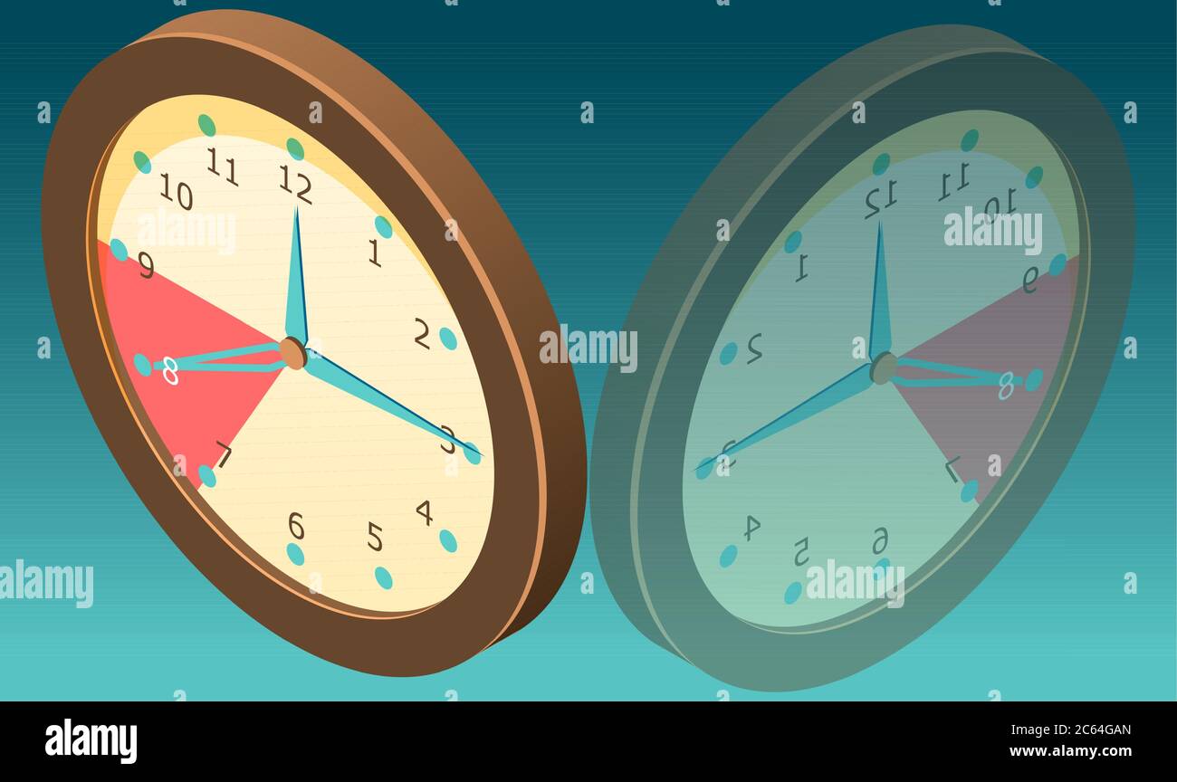 Wanduhr mit Spiegelbild auf abstrakten Hintergründen Stock Vektor