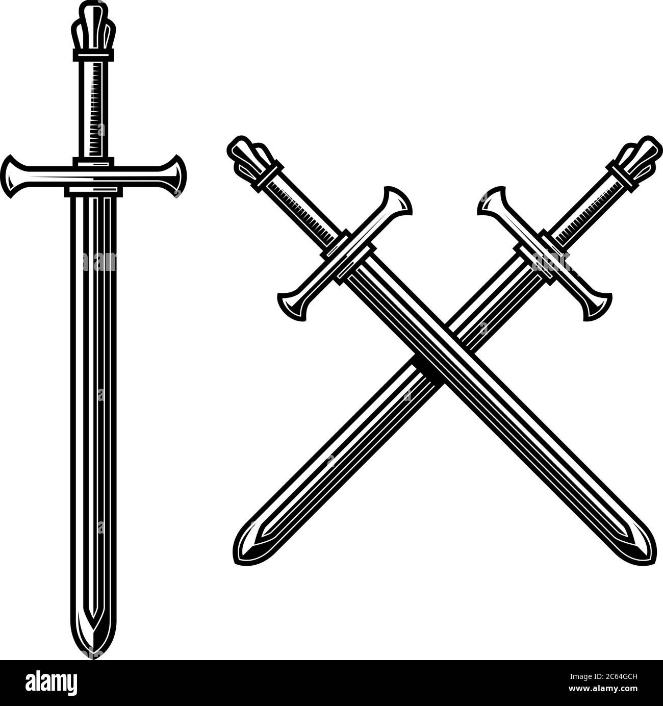 Illustration von gekreuzten Ritter Schwertern in Gravur Stil. Designelement für Logo, Etikett, Emblem, Schild. Vektorgrafik Stock Vektor