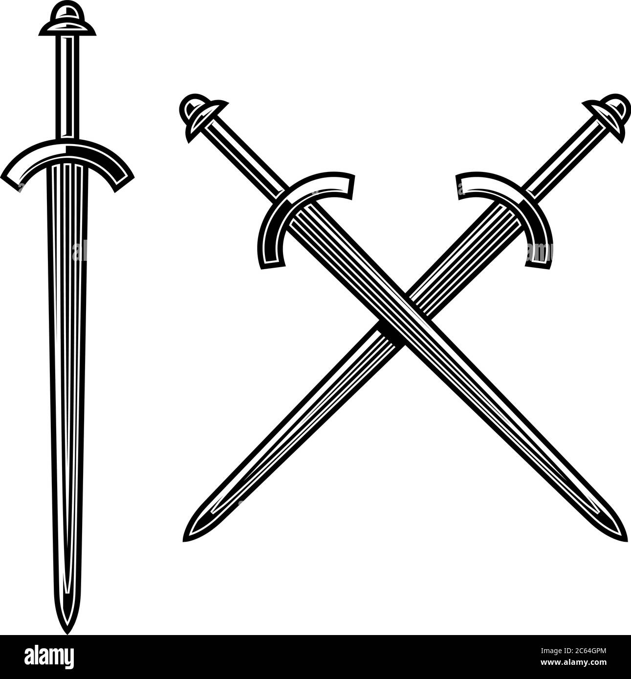 Illustration von gekreuzten Ritter Schwertern in Gravur Stil. Designelement für Logo, Etikett, Emblem, Schild. Vektorgrafik Stock Vektor