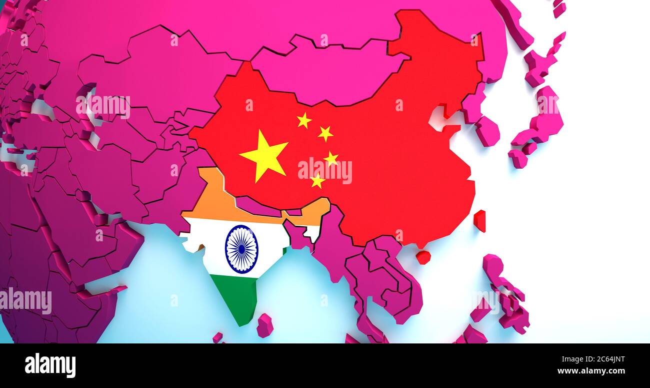 Konfrontation zwischen Indien und China. Die Nationalflaggen von China und Indien erscheinen zusammen auf der Karte. Konzept des außenpolitischen Konflikts Stockfoto