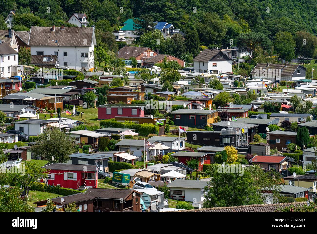 Rursee, Stausee, das Dorf Woffelsbach, Campingplatz, Dauercamper, Nationalpark Eifel, NRW, Deutschland, Stockfoto