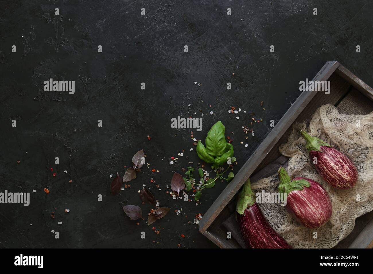 Mehrere zebra Aubergine auf dunklem Schiefer Hintergrund. Stockfoto