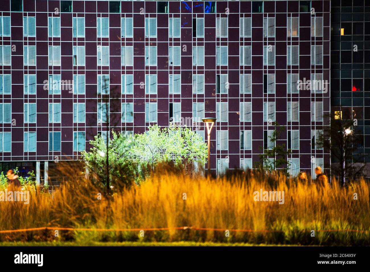 Italien, Lombardei, Mailand, Biblioteca degli Alberi Park und Via Melchiorre Gioia Bürogebäude bei Nacht Stockfoto