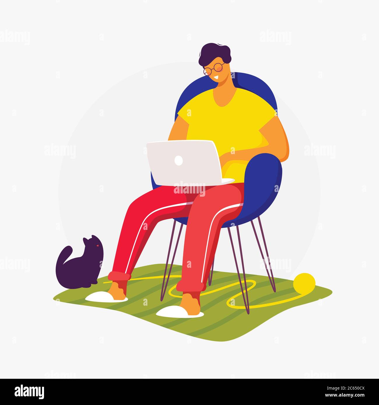 Ein Freiberufler, der zu Hause mit Katze arbeitet. Stock Vektor