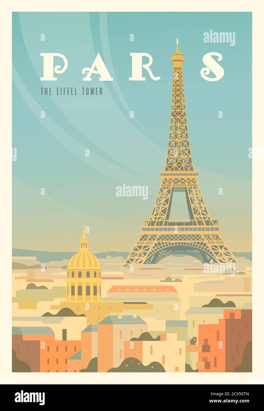 Der Eiffelturm, Bäume. Zeit zum Reisen. Weltweit. Vektorposter für Qualität. Frankreich. Stock Vektor