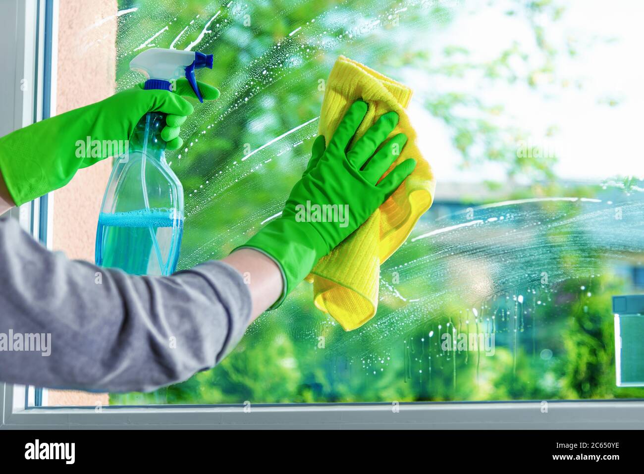 Reinigung Fensterscheibe mit Waschmittel, Federreinigungskonzept Stockfoto