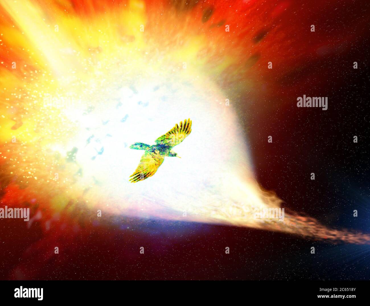 Interstellarer Wanderer - der Vogel auf dem Hintergrund des Kometen, der Tod Fantasie bringt. Bildelemente, die von der NASA eingerichtet wurden. Stockfoto