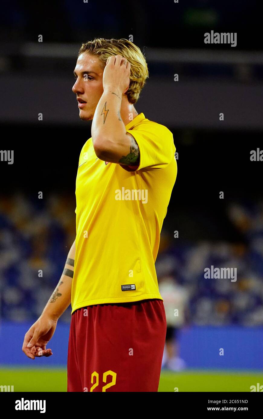 Neapel, Italien. Juli 2020. NicolÃÂ² Zaniolo von Roma Training vor Spiel Serie A Tim zwischen SSC Napoli und AS Roma am 05 2020. Juli in Neapel (Italien) im San Paolo Stadion Foto LPS/MARCO IORIO/LM Credit: Marco Iorio/LPS/ZUMA Wire/Alamy Live News Stockfoto