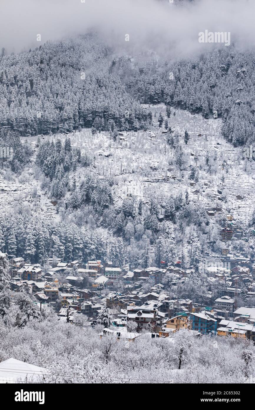 Schneefall im Winter von Manali in Himachal Pradesh, Indien Stockfoto