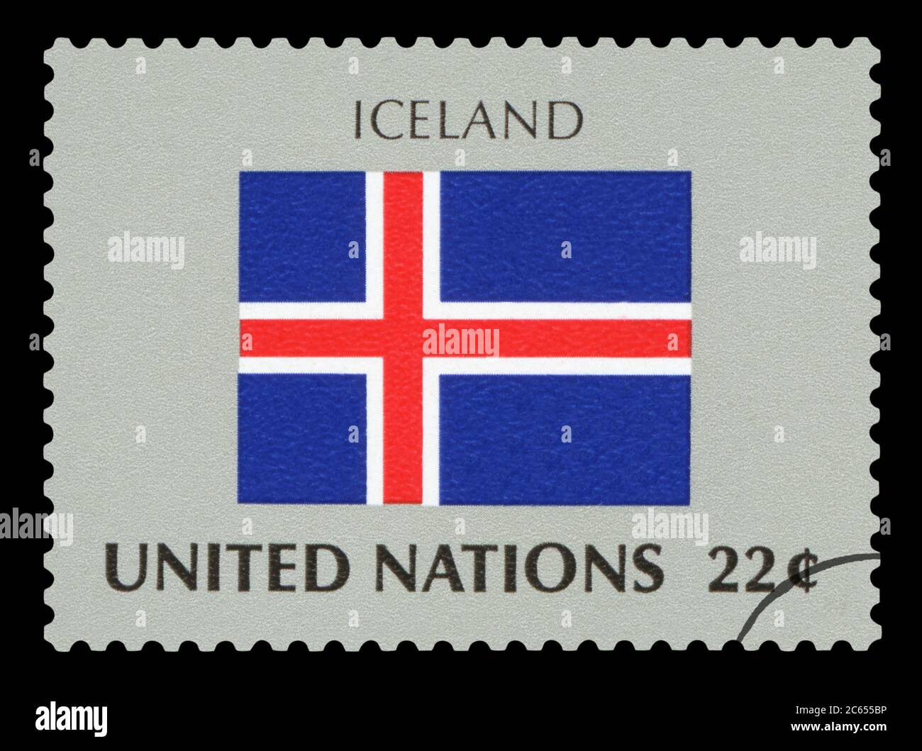 ISLAND - Briefmarke der isländischen Nationalflagge, Serie der Vereinten Nationen, um 1984. Stockfoto