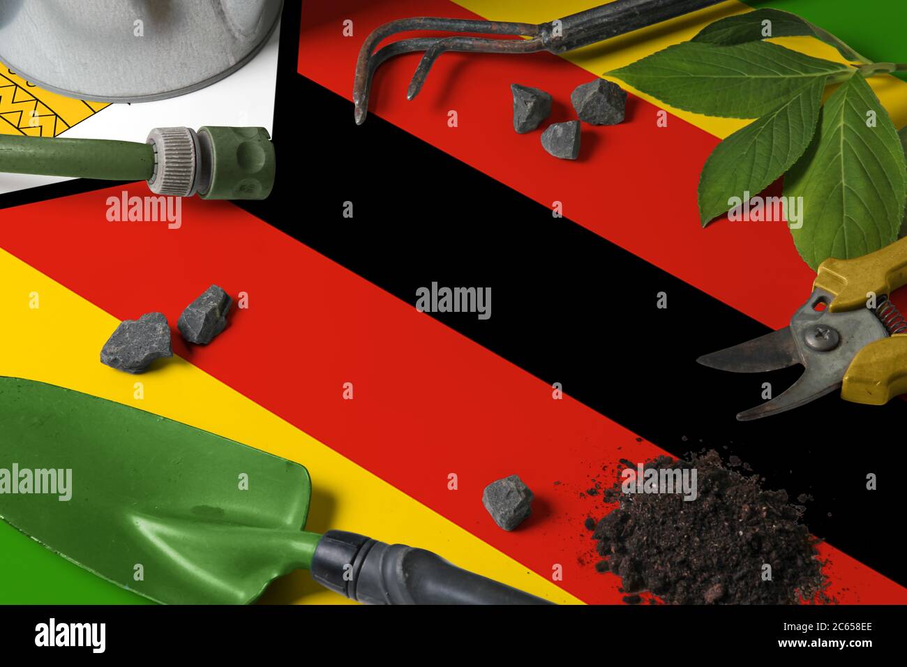 Simbabwe Flagge mit Gartengeräte Hintergrund auf Tisch. Frühling im Garten Konzept mit kostenlosem Kopierplatz. Stockfoto