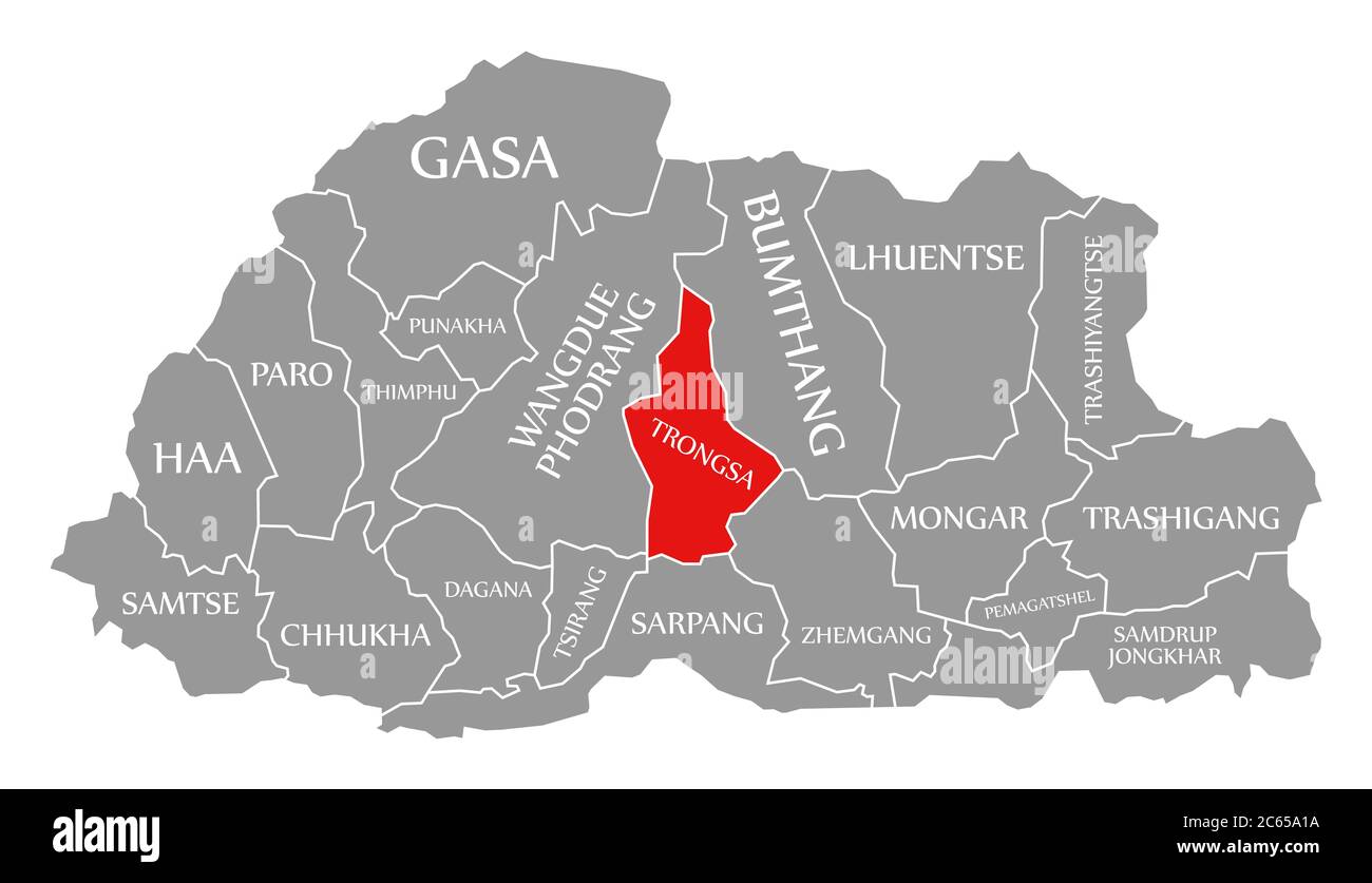 Trongsa rot in der Karte von Bhutan hervorgehoben Stockfoto