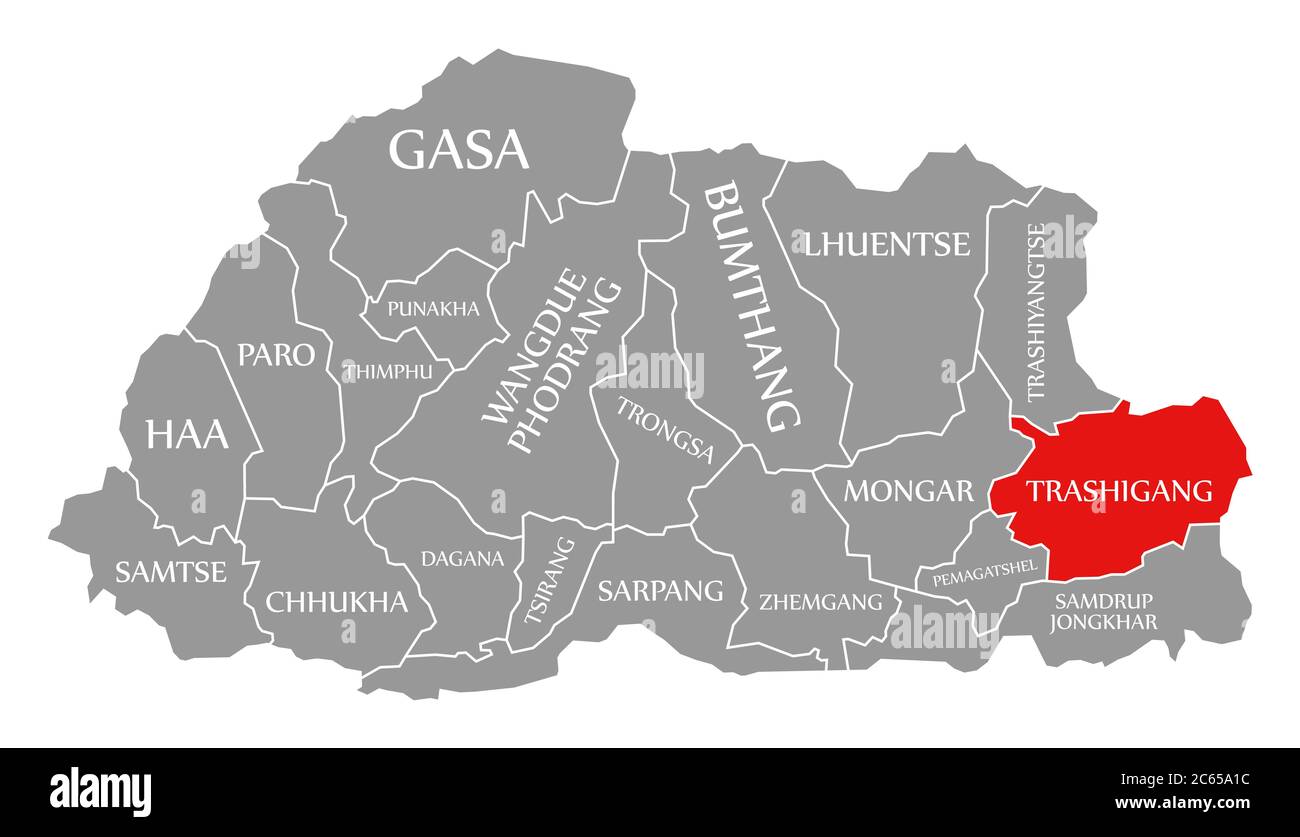 Trashigang rot in der Karte von Bhutan hervorgehoben Stockfoto