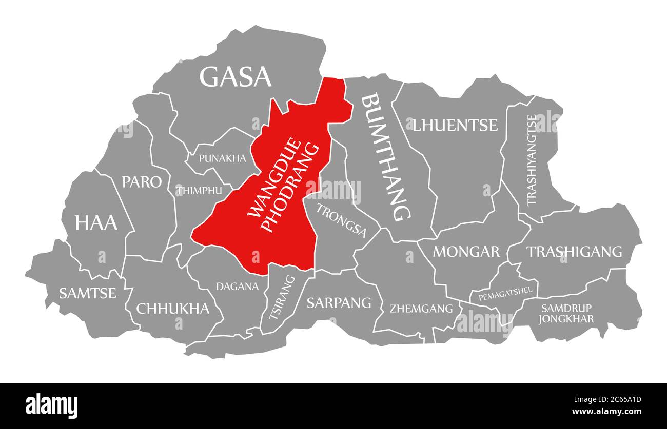 Wangdue Phodrang rot in der Karte von Bhutan hervorgehoben Stockfoto