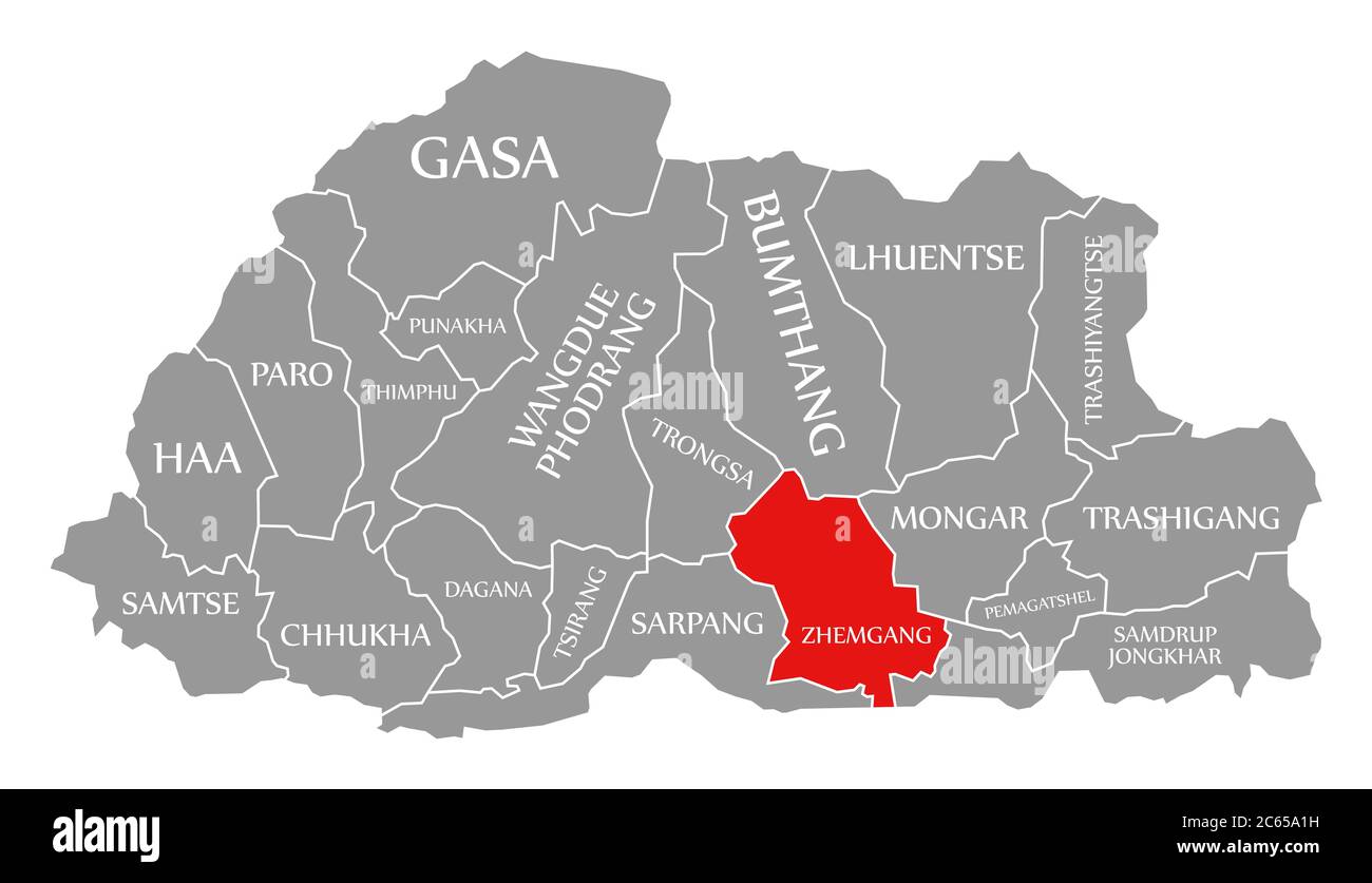 Zhemgang rot in der Karte von Bhutan hervorgehoben Stockfoto