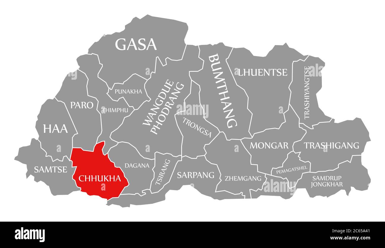 Chhukha rot in der Karte von Bhutan hervorgehoben Stockfoto
