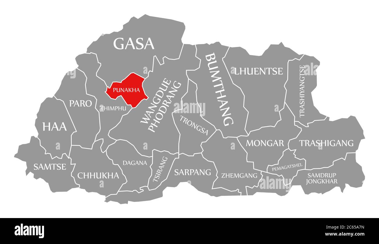 Punakha rot in der Karte von Bhutan hervorgehoben Stockfoto