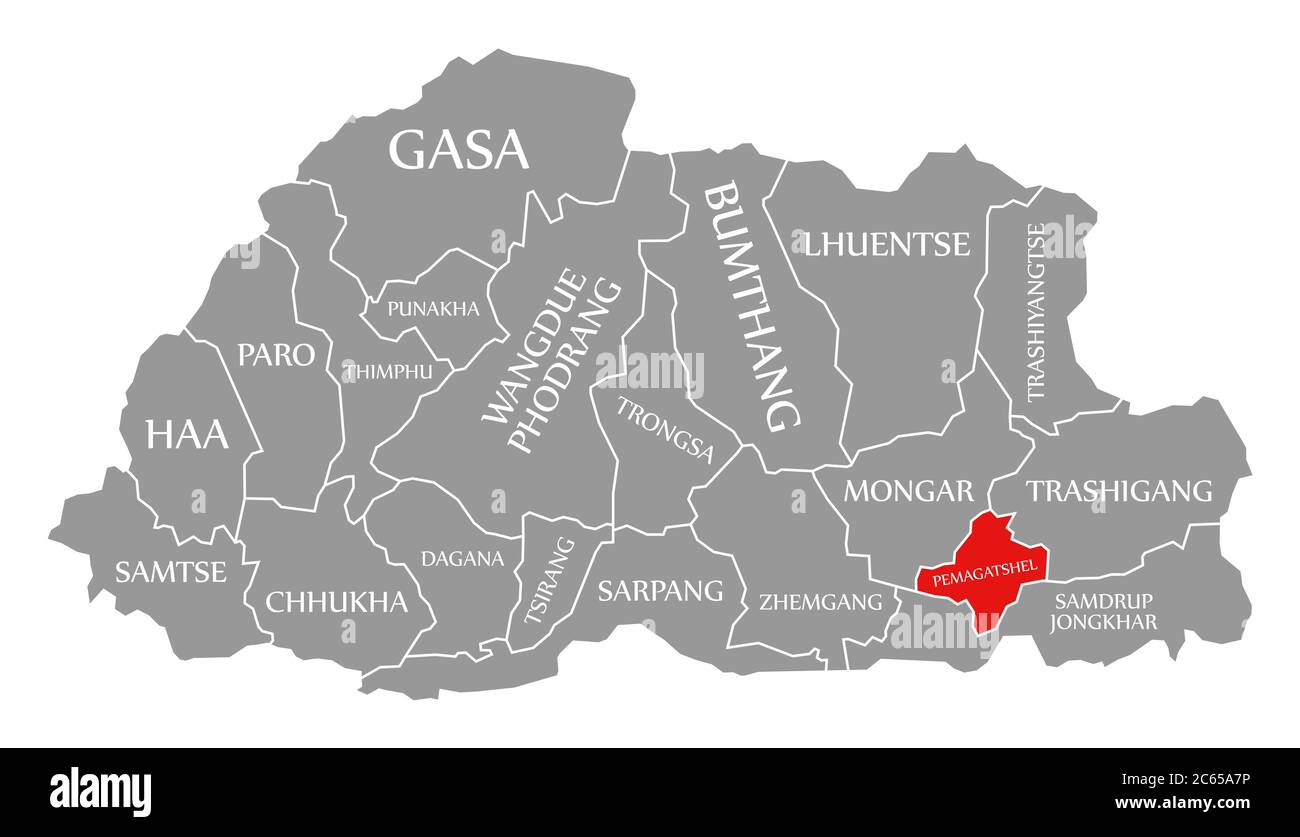 Pemagatshel rot in der Karte von Bhutan hervorgehoben Stockfoto