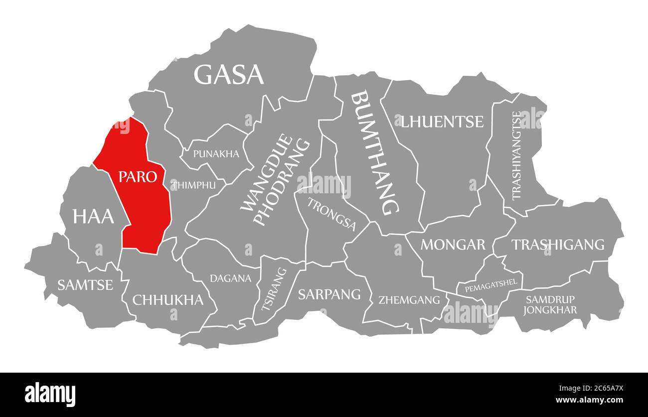 Paro rot in der Karte von Bhutan hervorgehoben Stockfoto