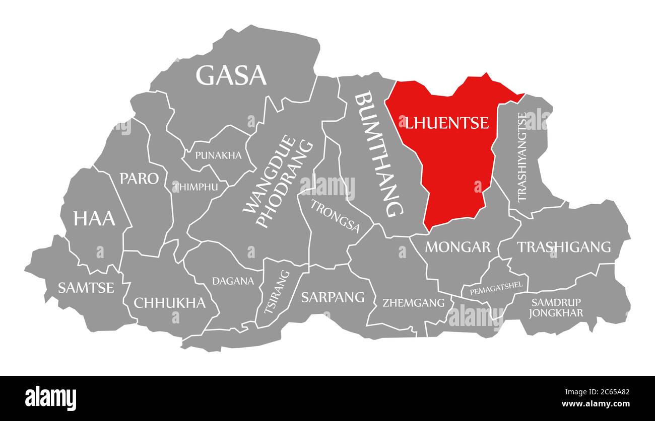 Lhuentse rot in der Karte von Bhutan hervorgehoben Stockfoto