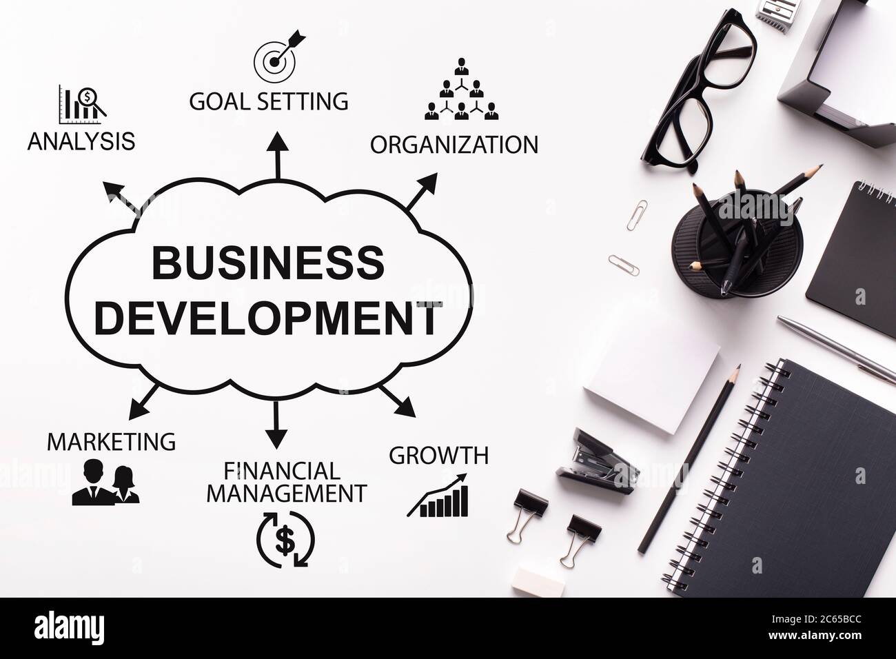 Business Development Wordcloud Scheme Über Office Table Hintergrund, Collage Stockfoto