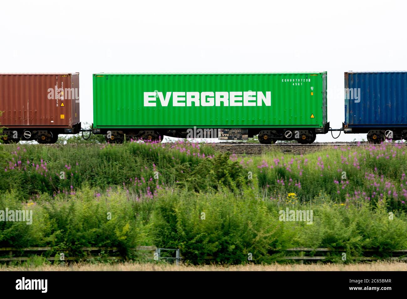 Ein Evergreen-Transportcontainer auf einem freightliner-Zug, Warwickshire, Großbritannien Stockfoto