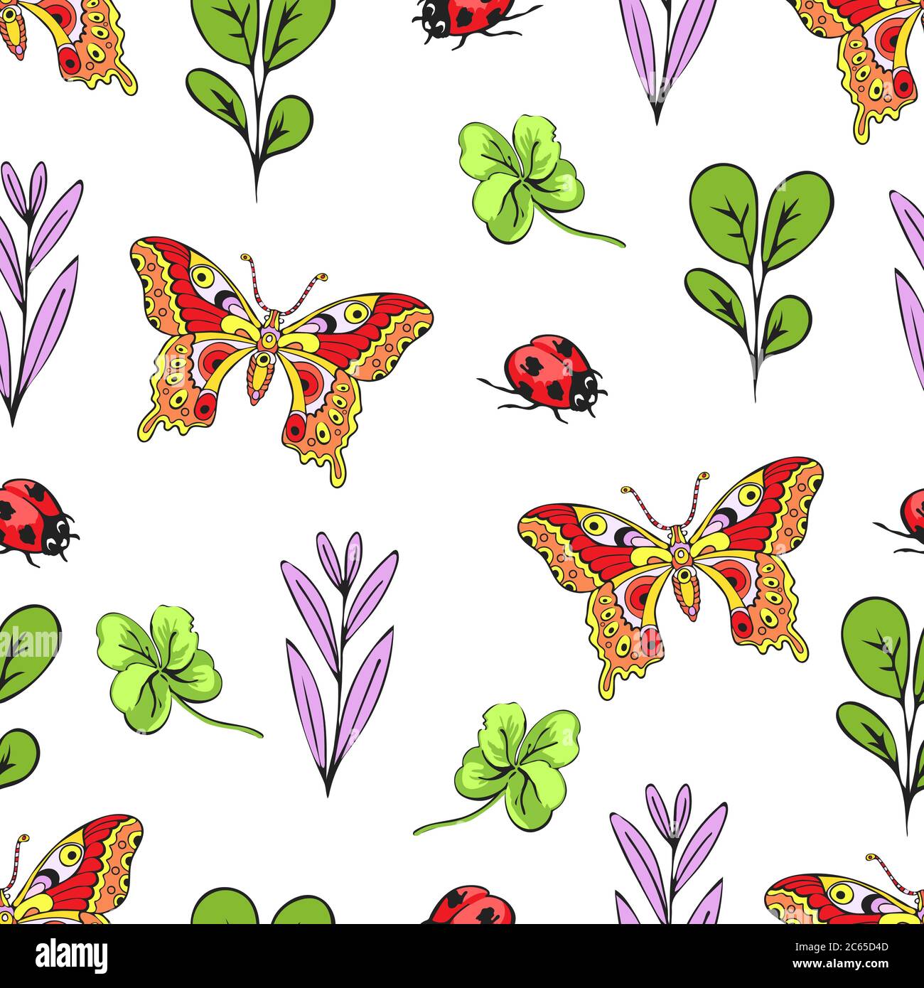 Cartoon Zeichnung bunte Insekten, Blumen und Pflanzen nahtlose Muster, floralen Hintergrund. Helle mehrfarbige Schmetterlinge, Marienkäfer, Knospen, Blätter und Stock Vektor