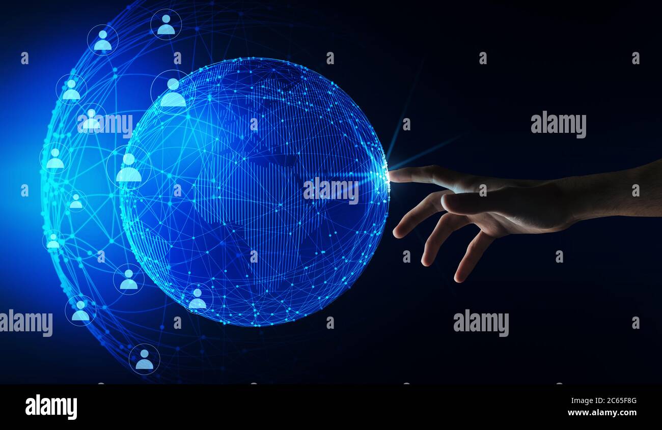Hand Berühren Globus Über Blauem Hintergrund, Global Network Collage Stockfoto
