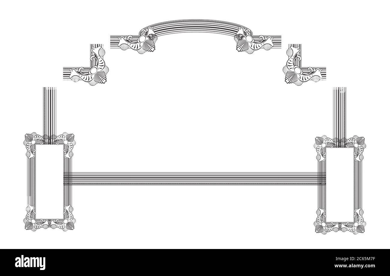 Rahmenelemente aus 2D-Software isoliert auf Weiß Stockfoto