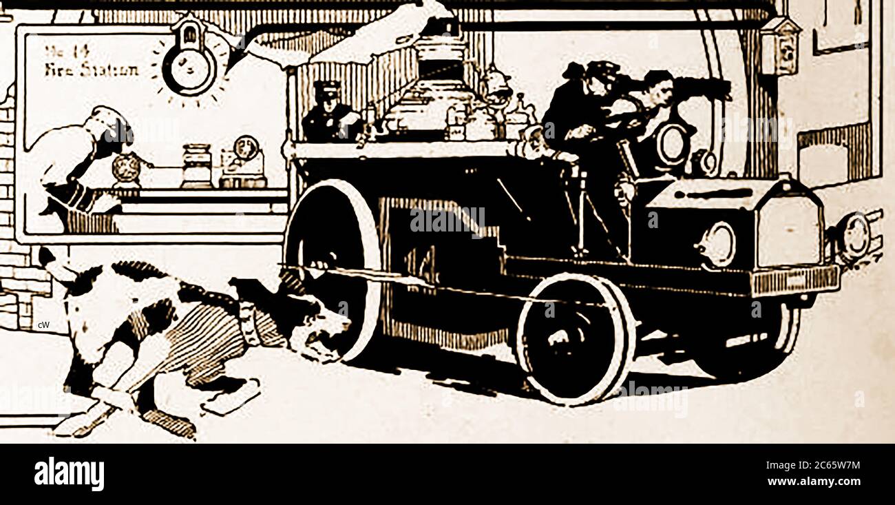 Eine kanadische Illustration von 1920 einer Dampffeuermaschine der Zeit, die von einem Hund gejagt wurde. In der Feuerwache wird ein Mann gesehen, der einen elektrischen Alarm beantwortet. Das Fahrzeug kann ein Hybrid, Benzinmotor mit einer Dampfmaschine, um das Wasser zu Pumpen Stockfoto