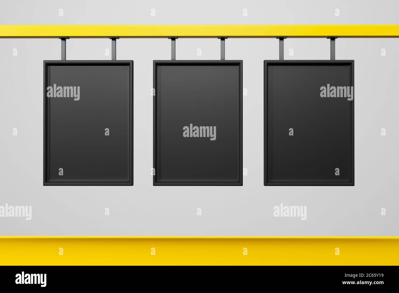 3D-Rendering von drei schwarzen Informationen bord oder Display hängen isoliert auf weißem Hintergrund. Hochwertige 3d-Illustration Stockfoto