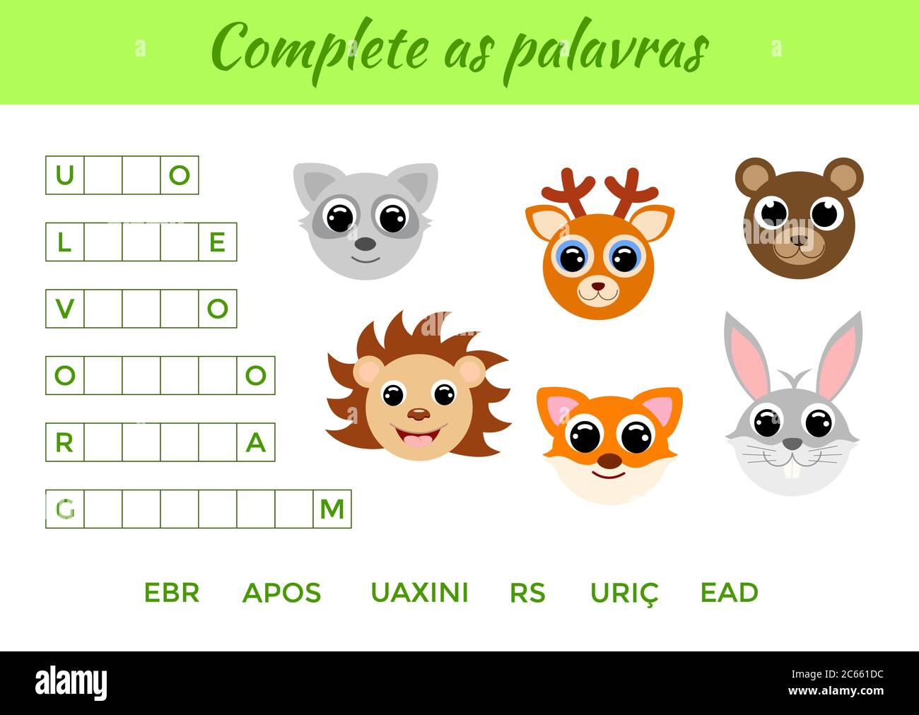 Vervollständigen Sie als palavras - Vervollständigen Sie die Wörter, schreiben fehlende Buchstaben. Passende pädagogische Spiel für Kinder mit niedlichen Tieren. Seite „Bildungsaktivitäten“ Stock Vektor