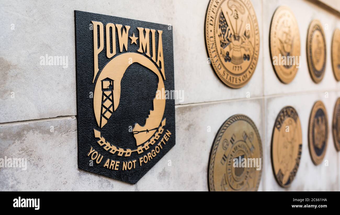 Chicago IL USA - 30. Juni 2018 - Kriegsgefangener*MIA Emblem, Vietnam Veterans Memorial (nur für redaktionelle Verwendung) Stockfoto